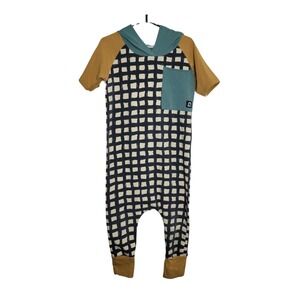 RAGS Kids Hooded Romper 2T Short Sleeve Grid Print Mustard Teal Black